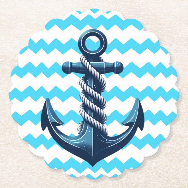 Blue anchor with blue waves paper coaster (Front)