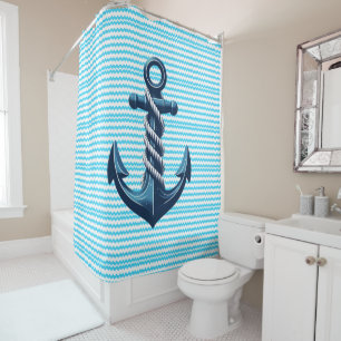 Blue anchor with blue waves shower curtain