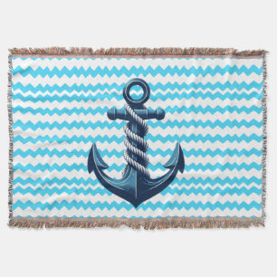 Blue anchor with blue waves throw blanket