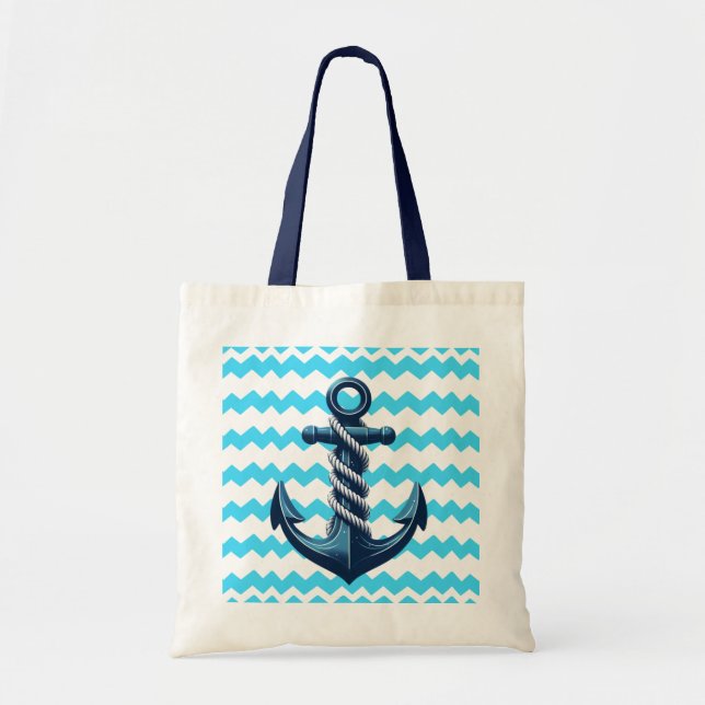 Blue anchor with blue waves tote bag (Front)