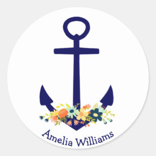 blue anchor with floral bouquet classic round sticker