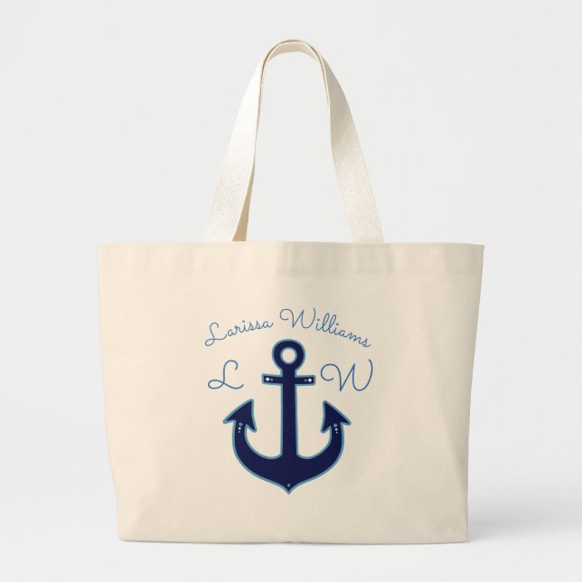 blue anchor with name & initials nautical large tote bag (Front)