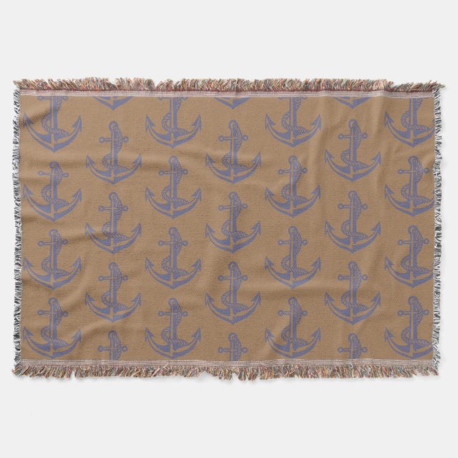 Blue Anchors Fringed Throw Blanket (Front)