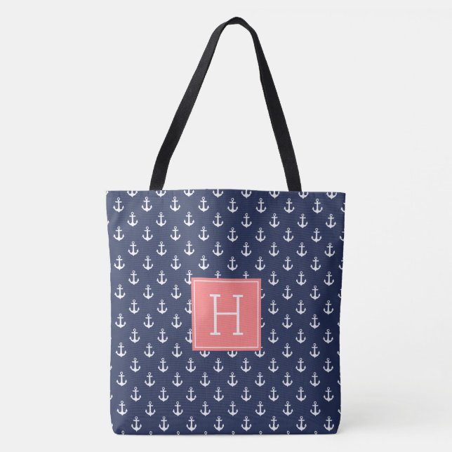 Blue Anchors Pattern and Coral Monogram Tote Bag (Front)