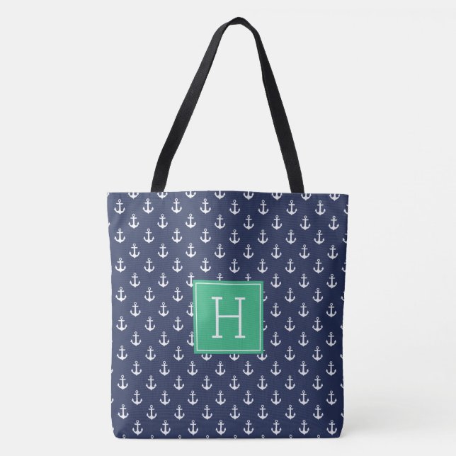 Blue Anchors Pattern and Green Monogram Tote Bag (Front)