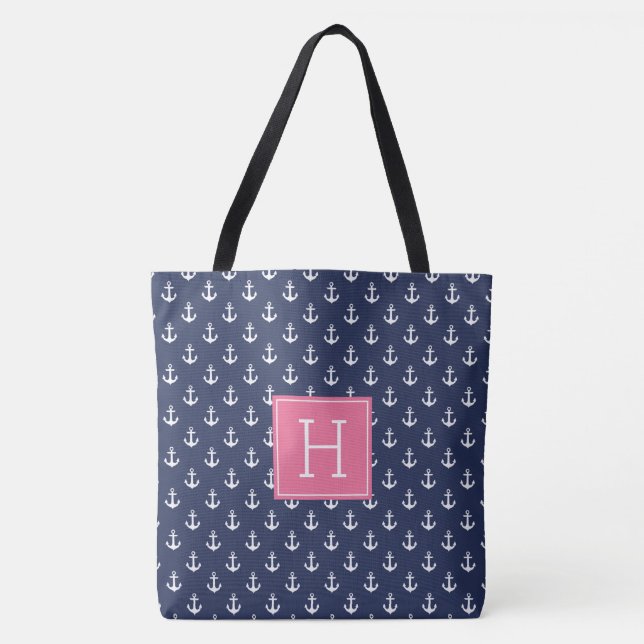 Blue Anchors Pattern and Pink Monogram Tote Bag (Front)