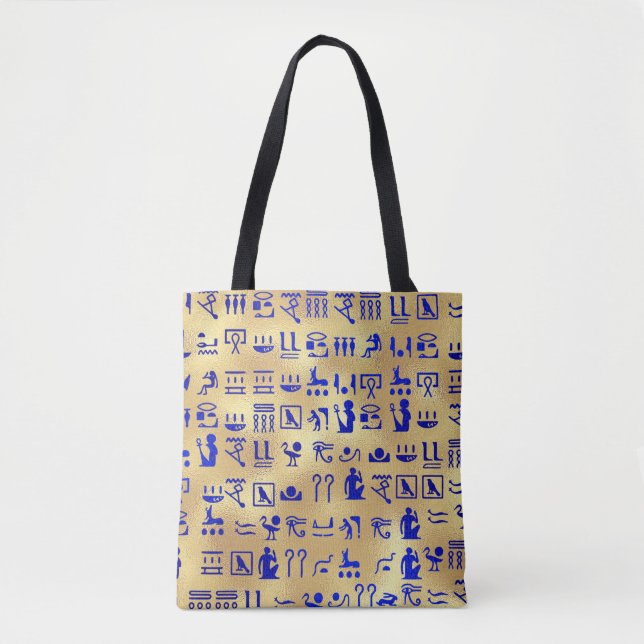 Blue Ancient Egyptian Hieroglyphics Art on Gold Tote Bag (Front)
