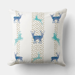 Blue and Aqua Watercolor Reindeer and Gold Droplet Cushion