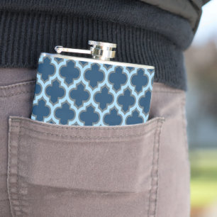 Blue and Baby Blue Trellis, Lattice, Quatrefoil Hip Flask