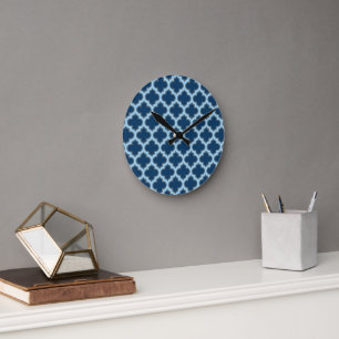 Blue and Baby Blue Trellis, Lattice, Quatrefoil Round Clock