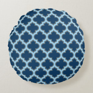 Blue and Baby Blue Trellis, Lattice, Quatrefoil Round Cushion