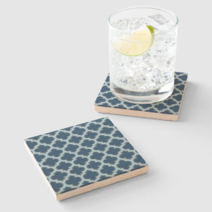 Blue and Baby Blue Trellis, Lattice, Quatrefoil Stone Coaster