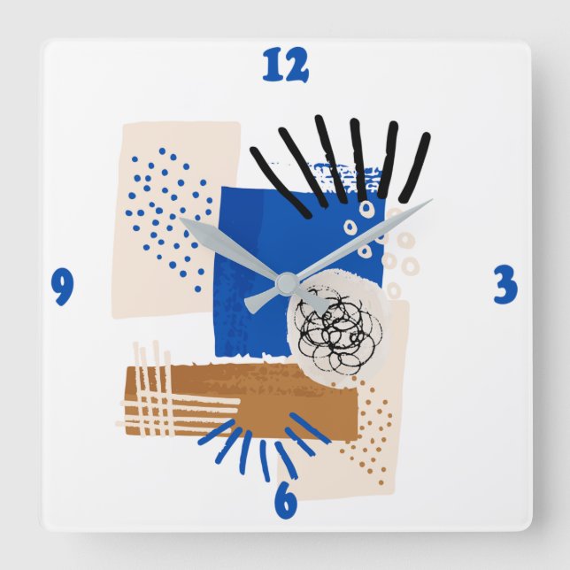Blue and Beige Abstract Line  Square Wall Clock (Front)