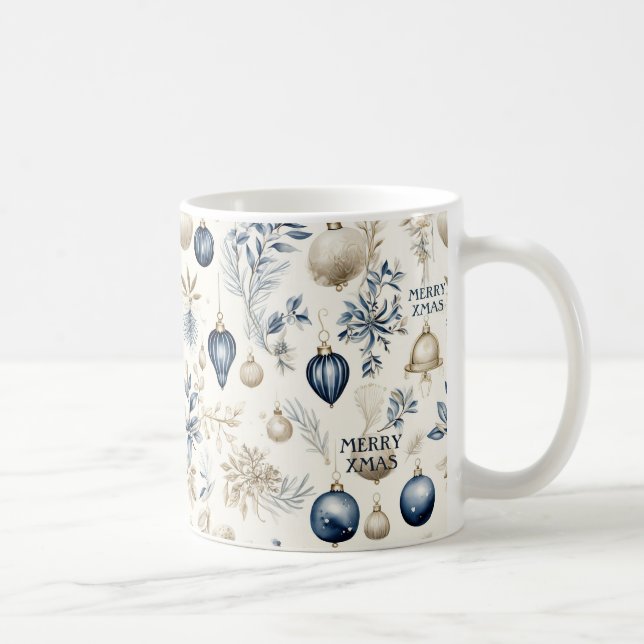 Blue and beige Christmas Ornaments Pattern Coffee Mug (Right)