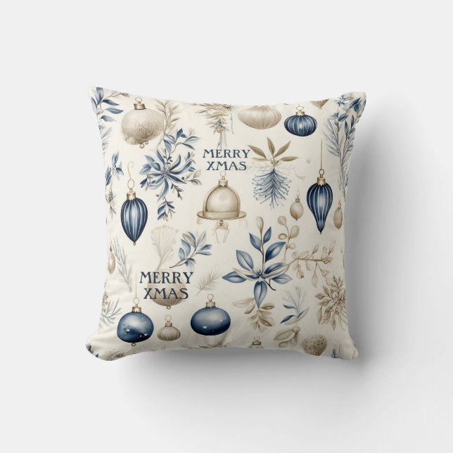 Blue and beige Christmas Ornaments Pattern Cushion (Front)