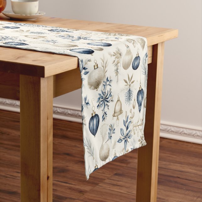 Blue and Beige Christmas Ornaments Short Table Runner (In Situ)
