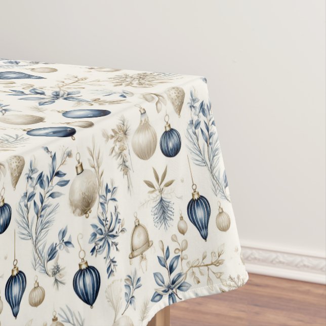 Blue and Beige Christmas Ornaments Tablecloth (In Situ)