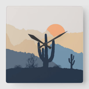 Blue and beige desert sunrise square wall clock