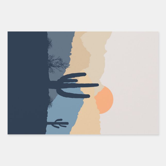 Blue and beige desert sunrise wrapping paper sheet (Front)