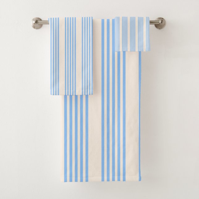 Blue and beige five stripe pattern bath towel set (Insitu)