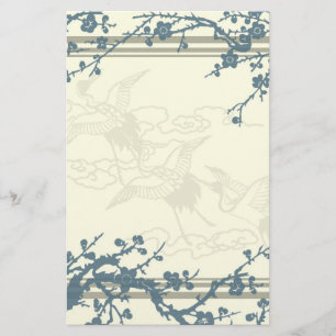 Blue and Beige Flowering Tree Stationery