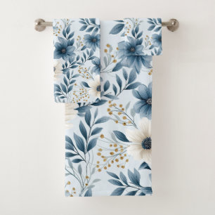 Blue and Beige Flowers Bath Towel Set