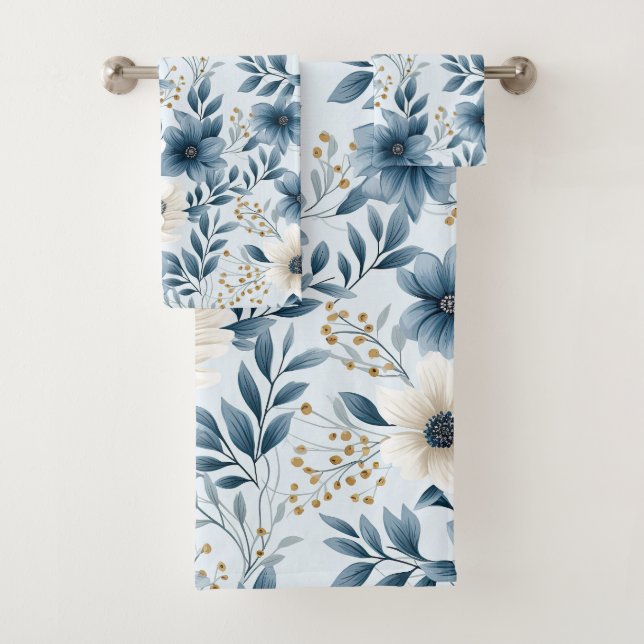 Blue and Beige Flowers Bath Towel Set (Insitu)