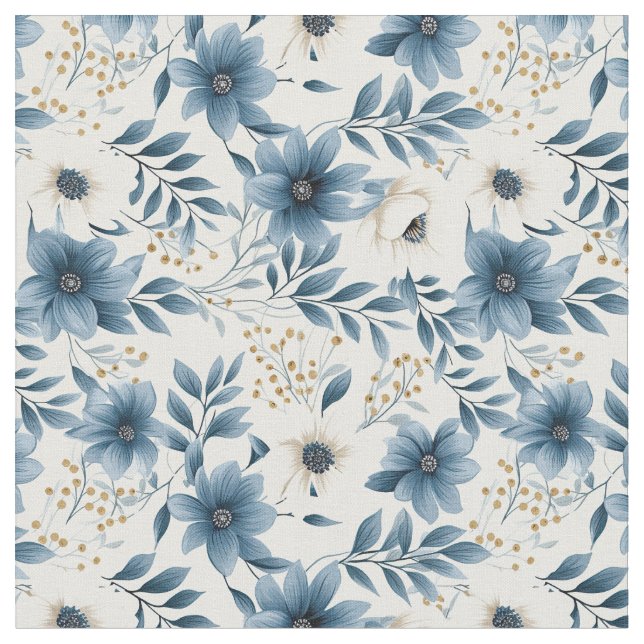 Blue and Beige Flowers Fabric (Close Up)