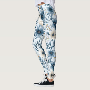 Blue and Beige Flowers Leggings