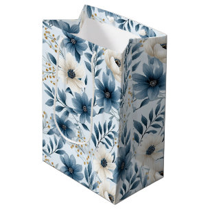 Blue and Beige Flowers Medium Gift Bag
