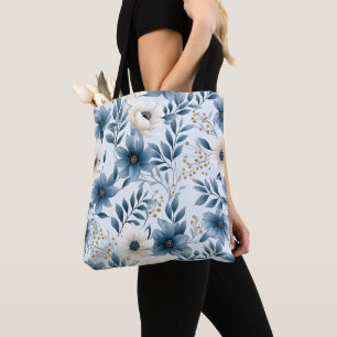 Blue and Beige Flowers Tote Bag