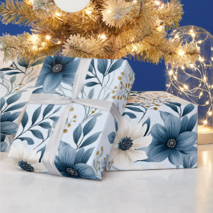 Blue and Beige Flowers Wrapping Paper