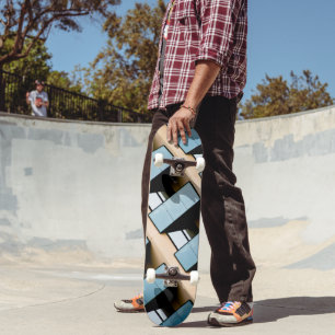 Blue and Beige Geometric Architecture Skateboard