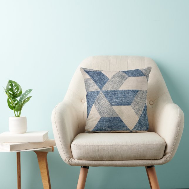 Blue and Beige Geometric Pattern Cushion (Chair)