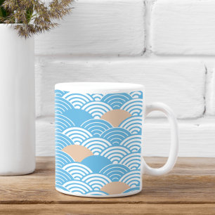Blue and Beige Japanese Wave Pattern  Coffee Mug