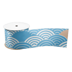 Blue and Beige Japanese Wave Pattern  Satin Ribbon