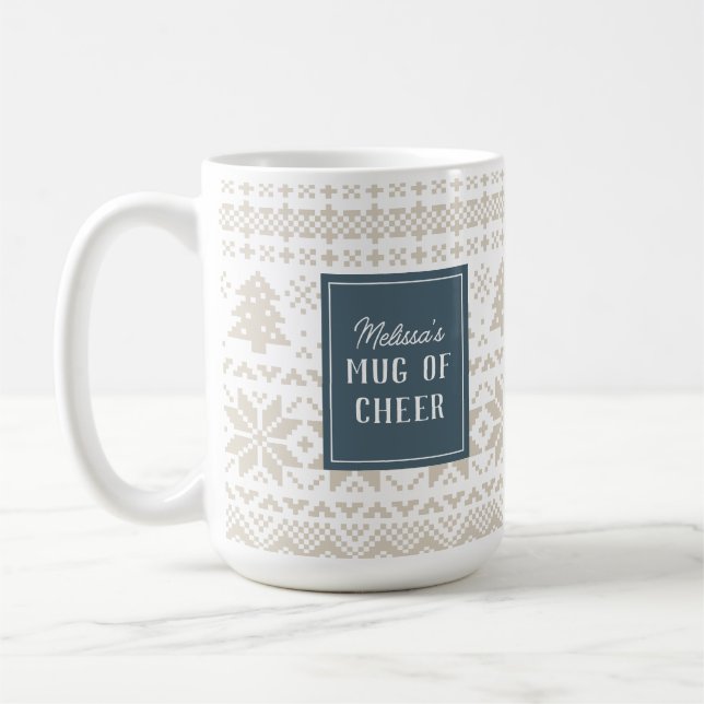 Blue and Beige Knit Holiday Sweater Mug of Cheer (Left)