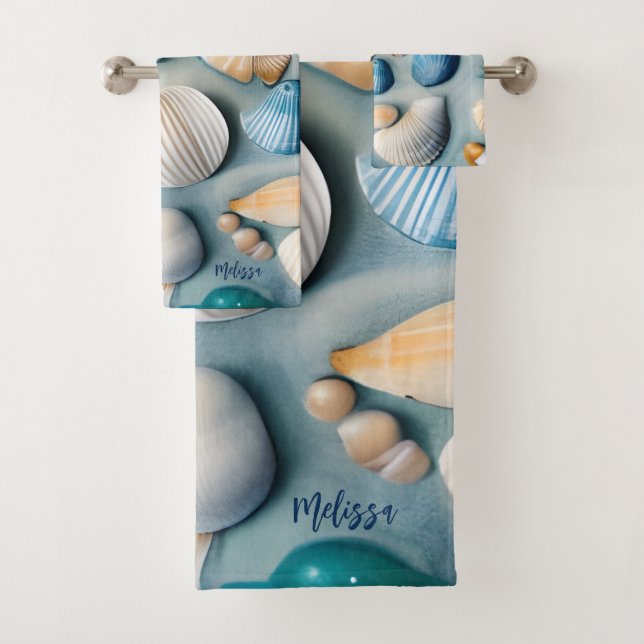 Blue and Beige Seashells On Blue Sand Bath Towel Set (Insitu)
