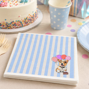 Blue And Beige Striped Corgi Birthday Party Napkin