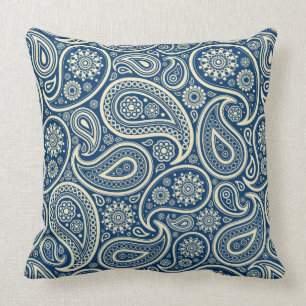 Blue And Beige Vintage Paisley Pattern Cushion