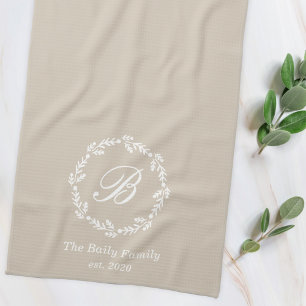 Blue and Beige Winter Wreath Family Name Monogram Tea Towel
