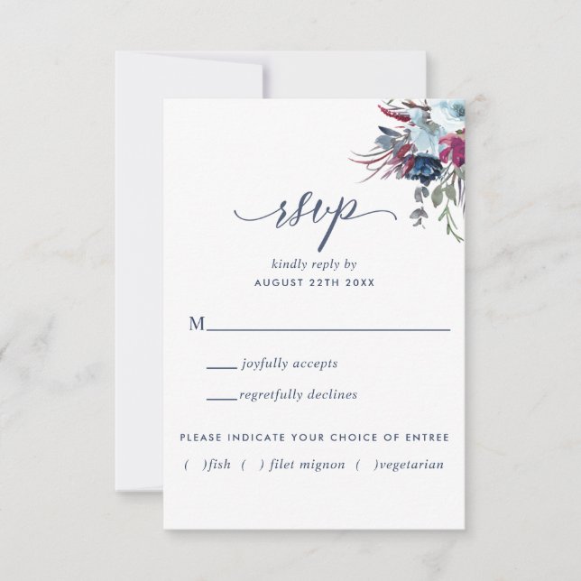Blue and Berry Floral w/without Meal Options RSVP (Front)