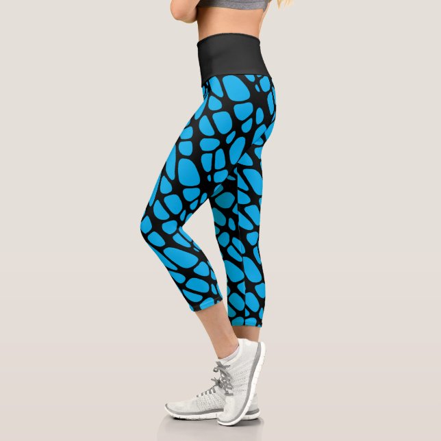 Blue and Black Abstract Organic Web Pattern Capri Leggings (Left)