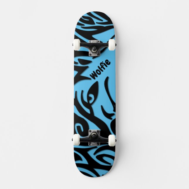 Blue and Black Abstract Tribal Wolf with Name Skat Skateboard (Front)