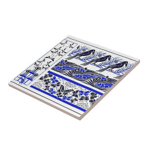 blue and black Birds fish Butterfly art pattern Ceramic Tile