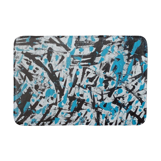 Blue and Black Brush marks Abstract Bath Mat (Front)