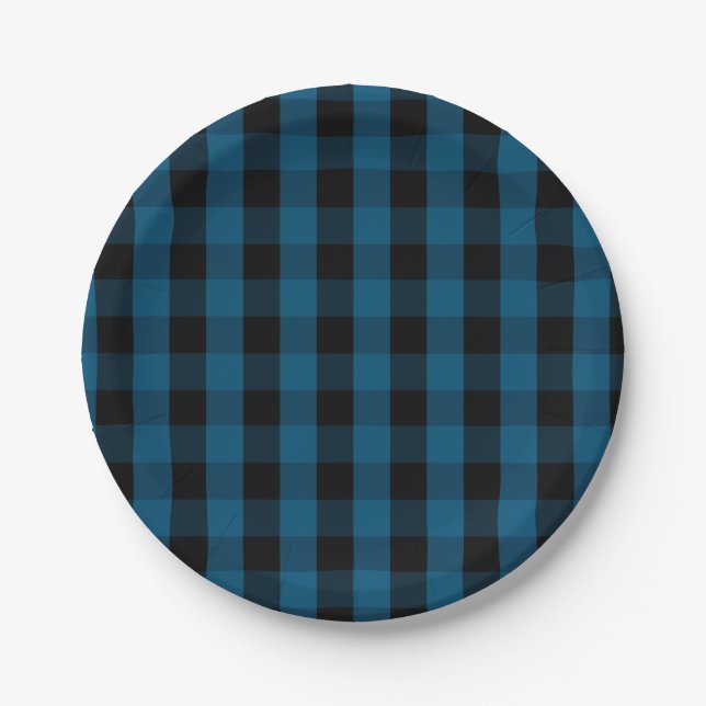 Blue and Black Buffalo Check Plaid Pattern Paper Plate (Front)
