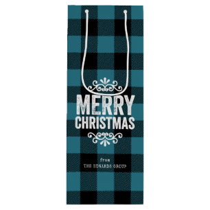Blue and Black Buffalo Check Rustic Christmas Wine Gift Bag