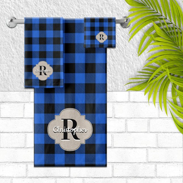 Blue and Black Buffalo Check Rustic Farmhouse Bath Towel Set (Creator Uploaded)