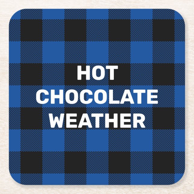 Blue and Black Buffalo Plaid Custom Saying Square Paper Coaster (Front)